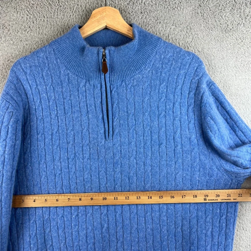 Daniel Bishop Mens 100% Cashmere Cable Knit Quarter Zip Sweater Blue Large